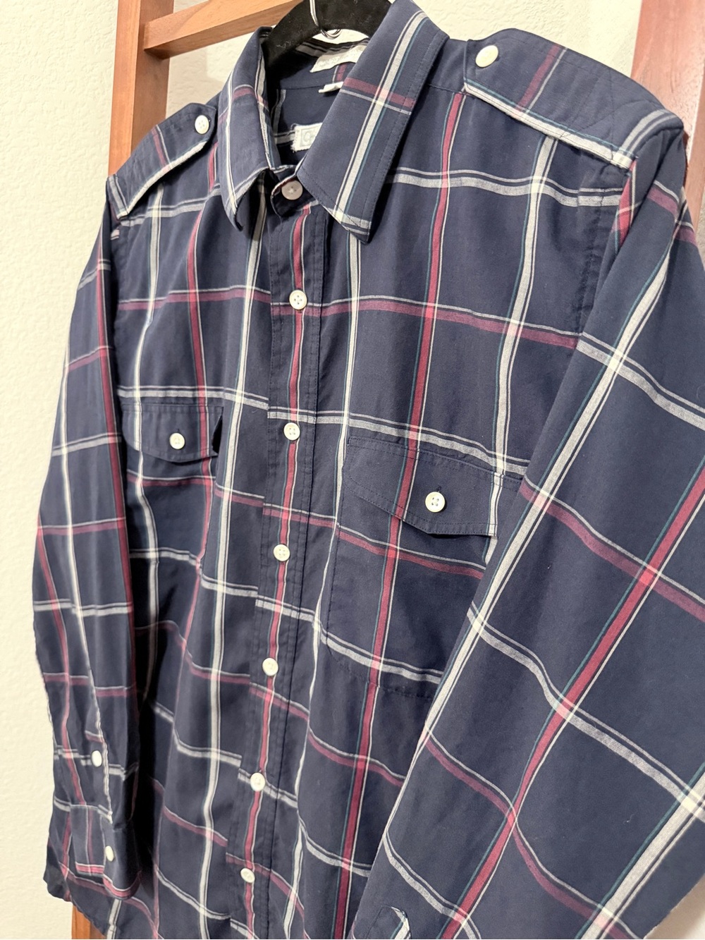 Vintage Christian Dior Plaid Epaulet Button Down Shirt Navy Men’s M - Picture 3 of 9